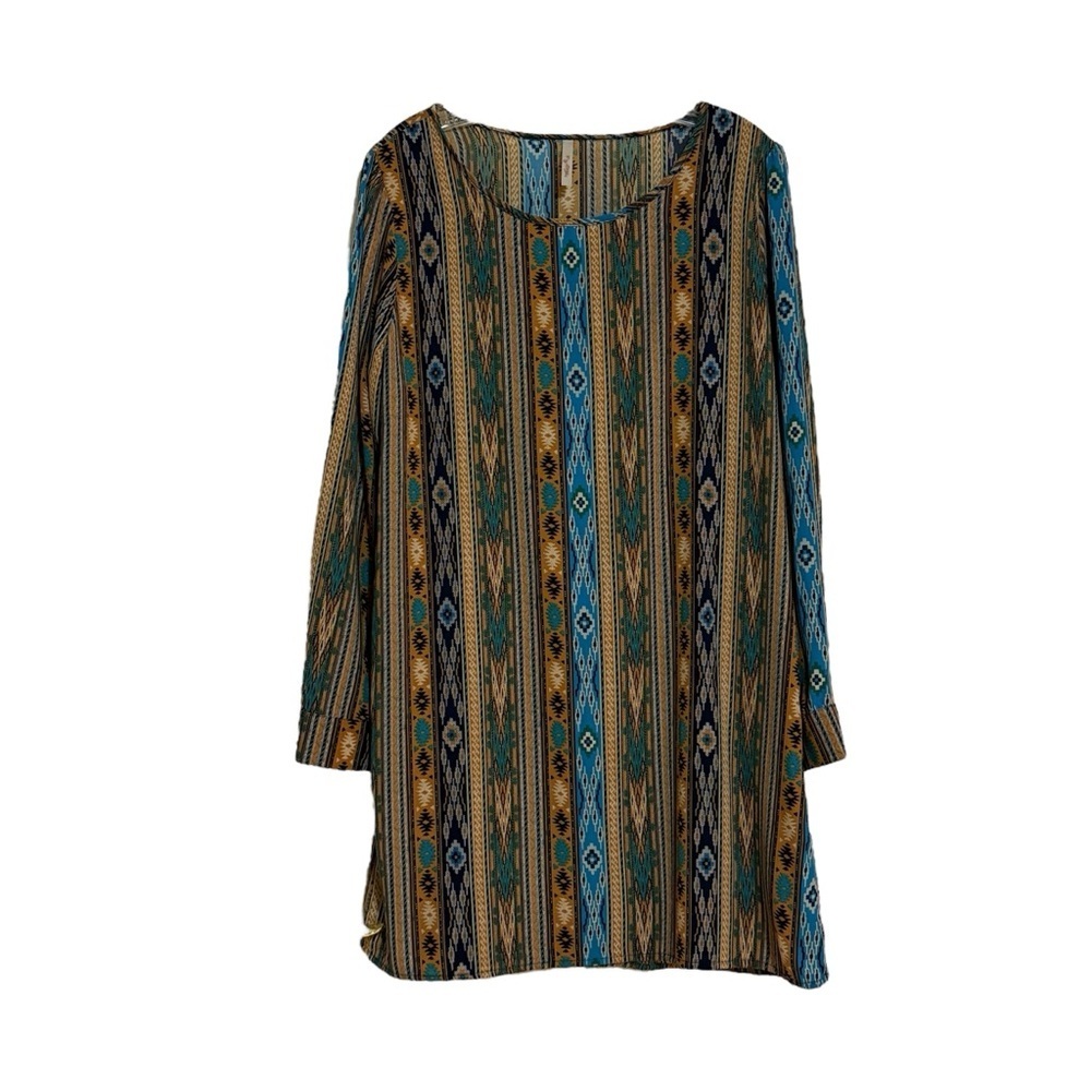 My Story Blue and Brown Geometric Long Sleeve Dress